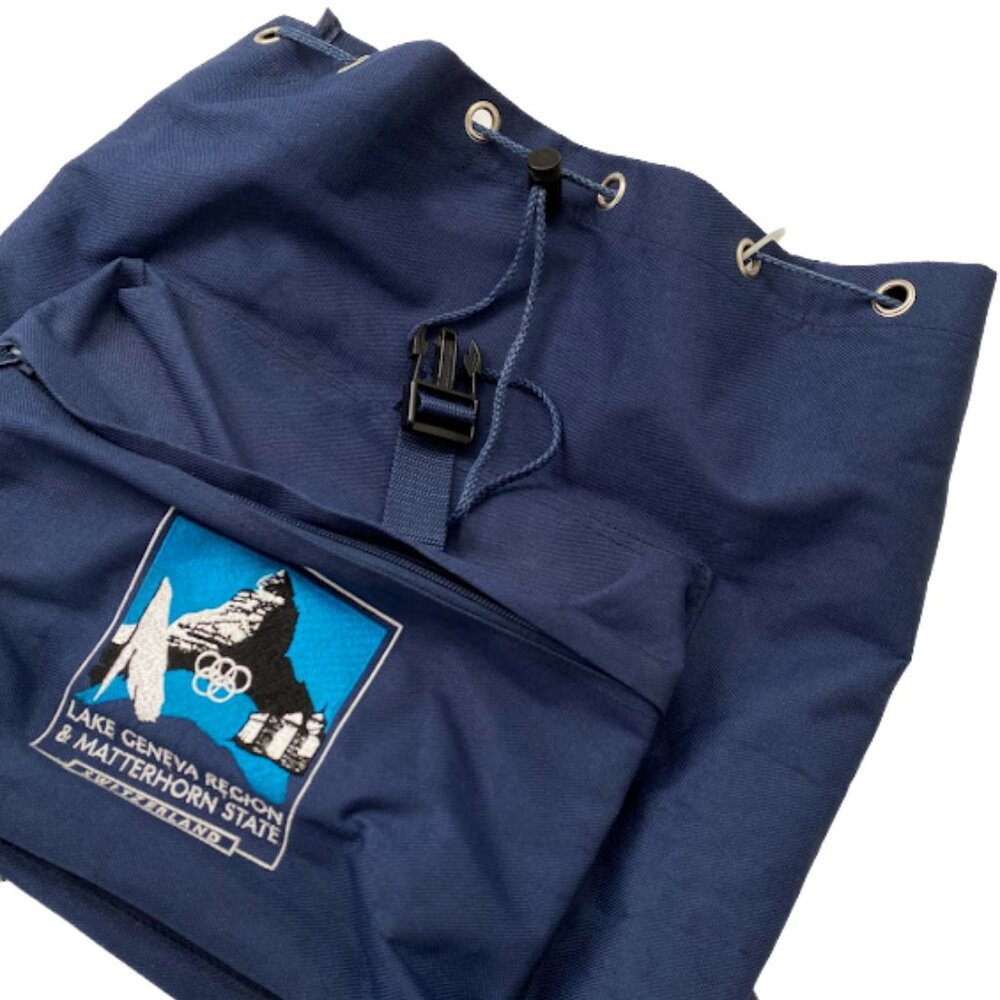 Olympics Navy Drawstring Backpack Lake Geneva and Matterhorn Region Old School - Picture 7 of 10